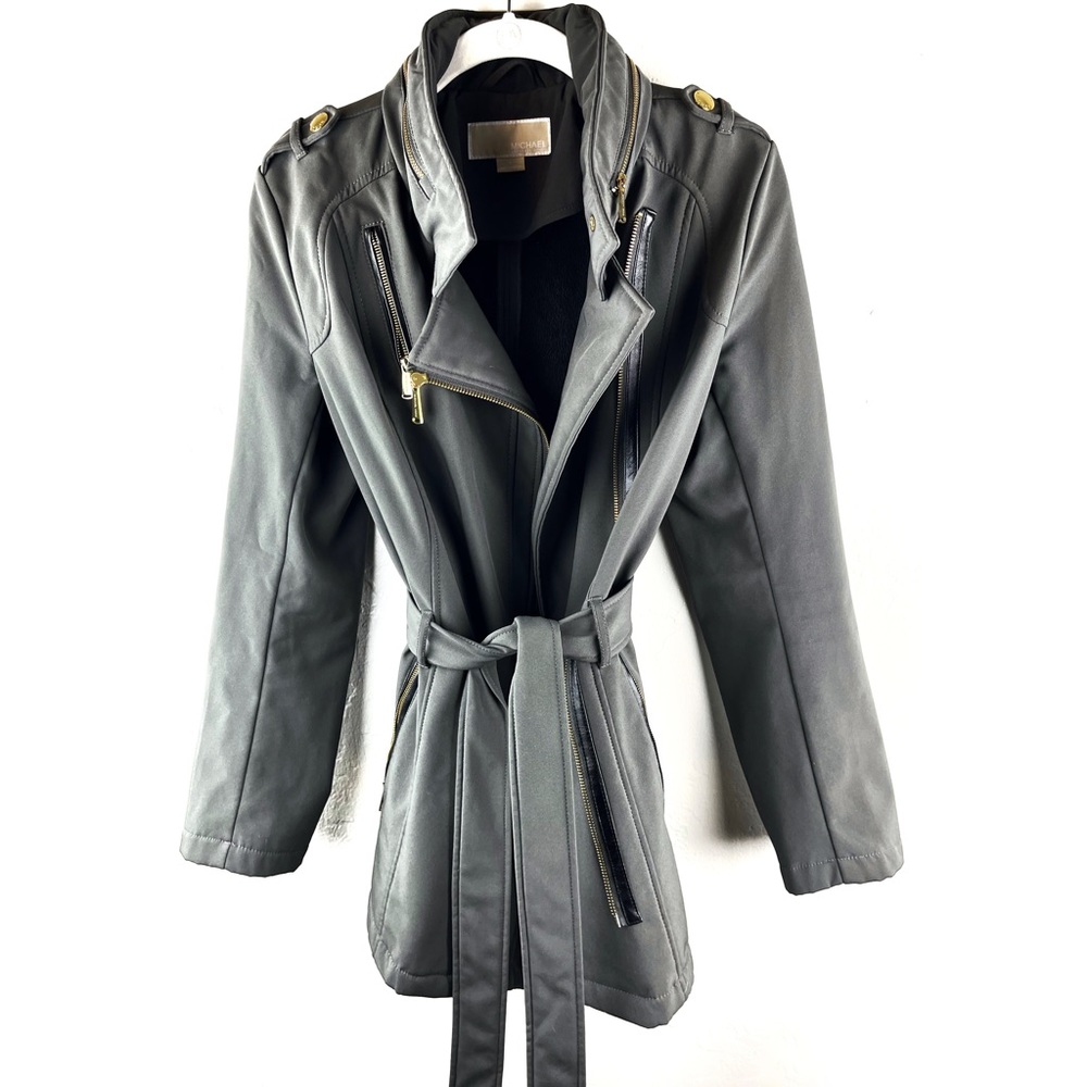 Michael Kors Asymmetrical Jacket Gold Zipper Hidden Hood size S Belted Olive Col